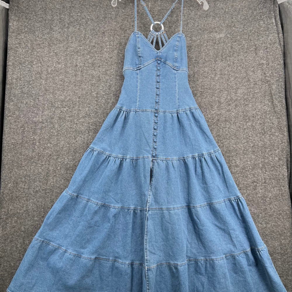 Womens Medium Wash Tiered Denim Maxi Dress O-Ring Strappy Back Blue Size M - Picture 2 of 10
